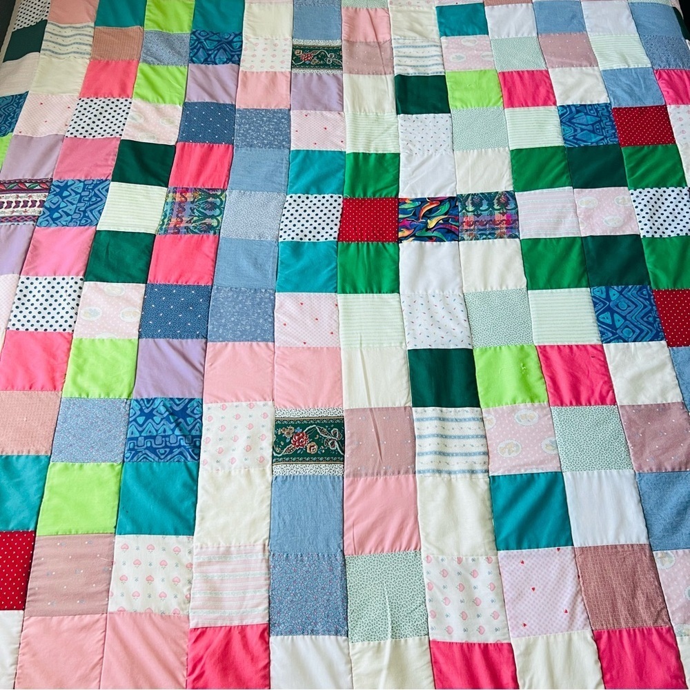 65”x92” Vintage 70’s Patchwork Crazy Squares Cotton Quilt.